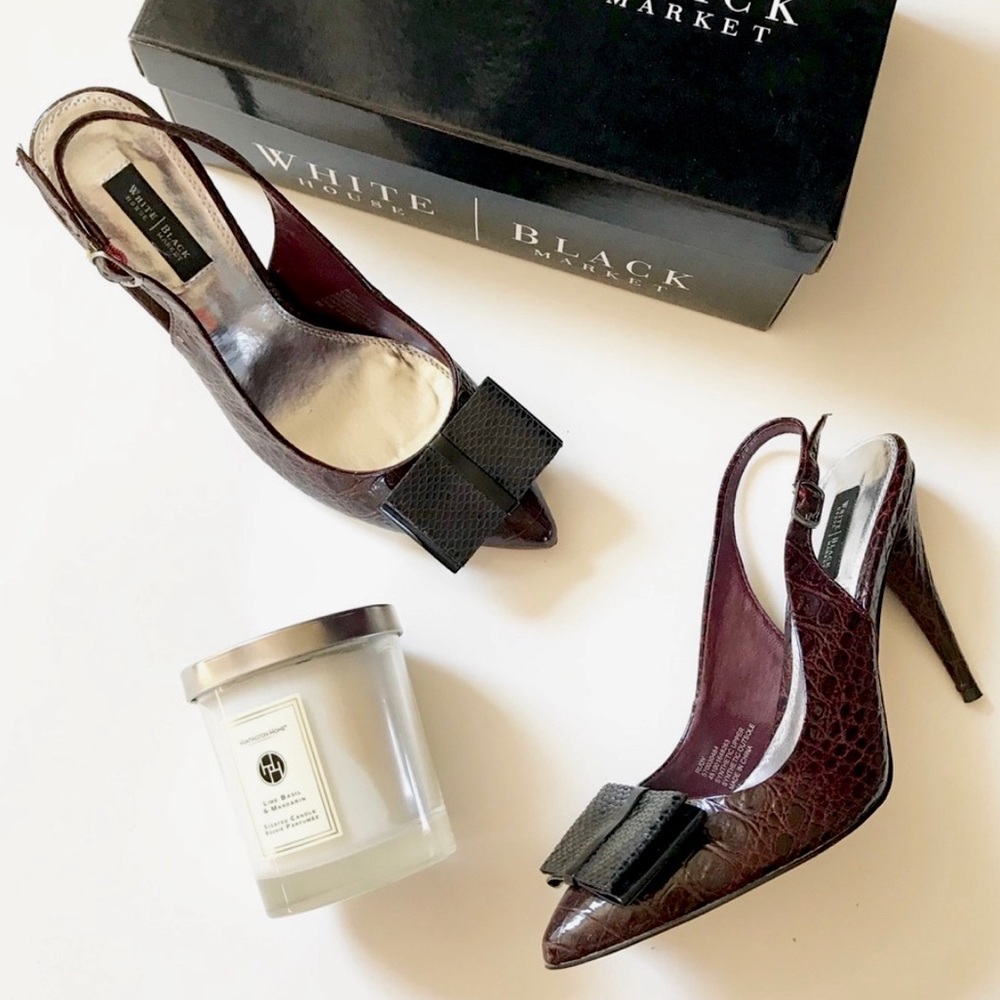 WHBM Merlot Snakeskin Bow Slingback Pumps